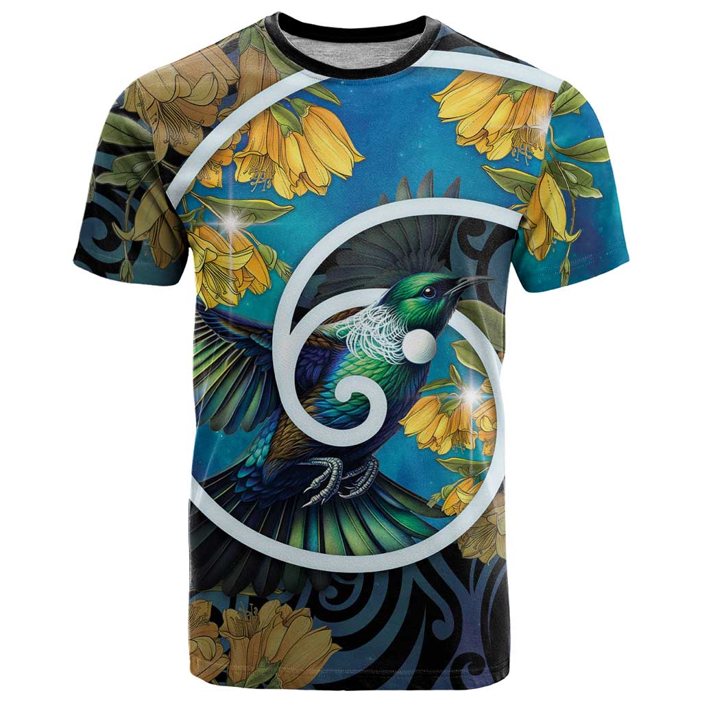 New Zealand Tui Bird T Shirt Maori Koru With Kowhai Flowers