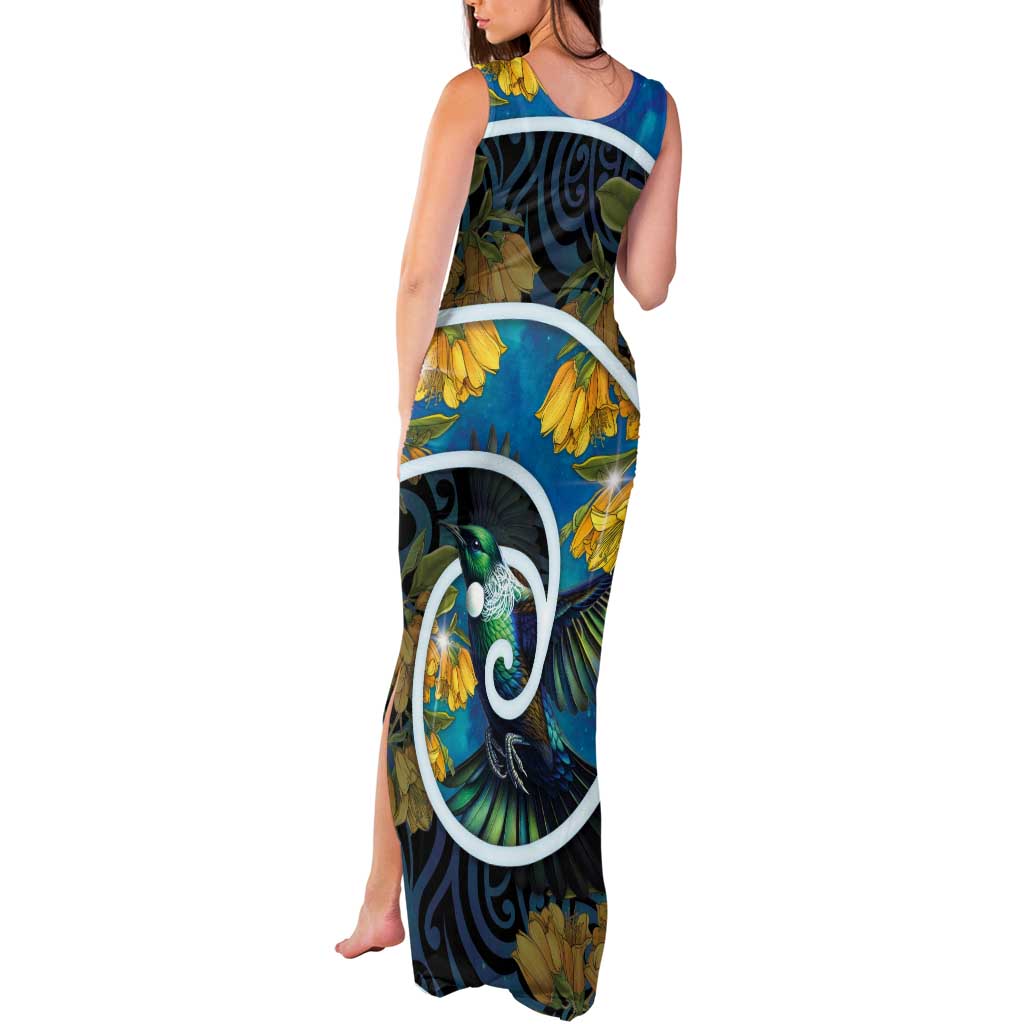 New Zealand Tui Bird Tank Maxi Dress Maori Koru With Kowhai Flowers LT05 - Polynesian Pride