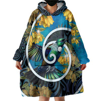 New Zealand Tui Bird Wearable Blanket Hoodie Maori Koru With Kowhai Flowers LT05 - Polynesian Pride