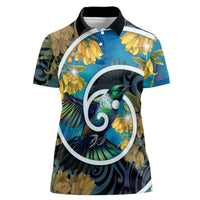 New Zealand Tui Bird Women Polo Shirt Maori Koru With Kowhai Flowers LT05 Female Black - Polynesian Pride
