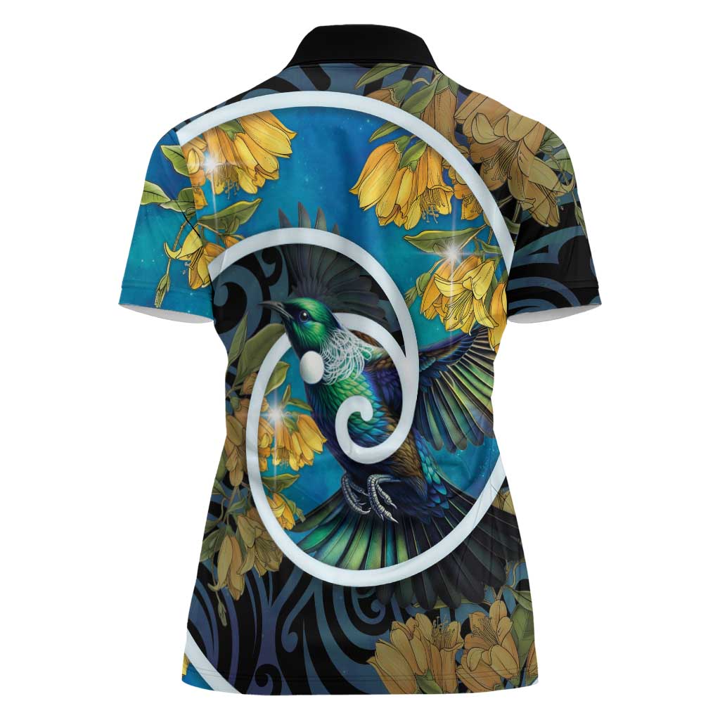 New Zealand Tui Bird Women Polo Shirt Maori Koru With Kowhai Flowers LT05 - Polynesian Pride