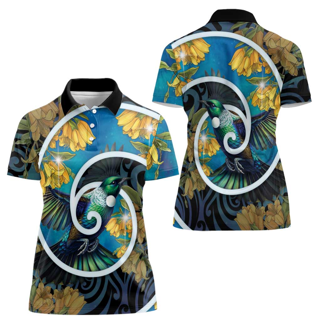 New Zealand Tui Bird Women Polo Shirt Maori Koru With Kowhai Flowers LT05 - Polynesian Pride