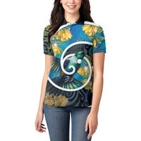 New Zealand Tui Bird Women Polo Shirt Maori Koru With Kowhai Flowers LT05 - Polynesian Pride