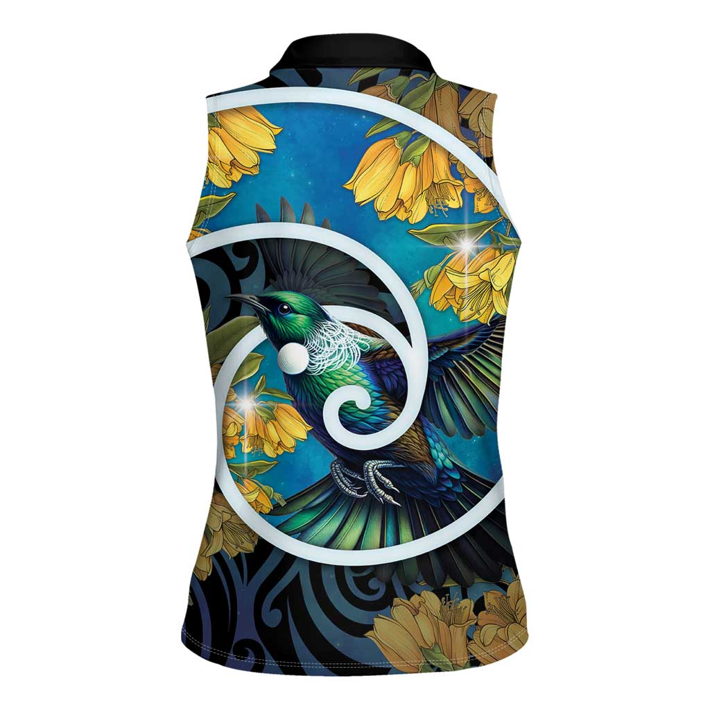 New Zealand Tui Bird Women Sleeveless Polo Shirt Maori Koru With Kowhai Flowers LT05 - Polynesian Pride