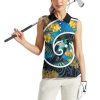 New Zealand Tui Bird Women Sleeveless Polo Shirt Maori Koru With Kowhai Flowers LT05 - Polynesian Pride