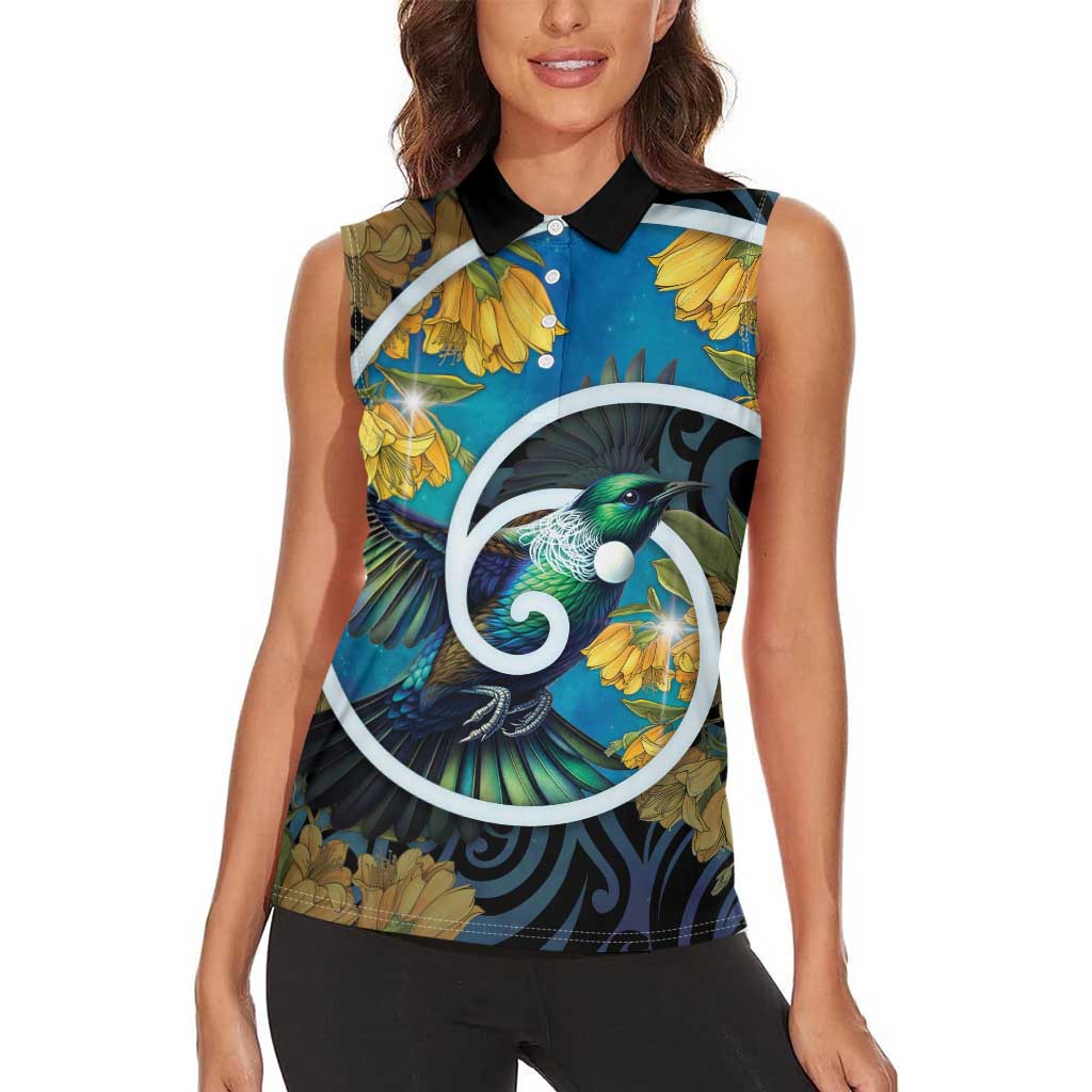 New Zealand Tui Bird Women Sleeveless Polo Shirt Maori Koru With Kowhai Flowers LT05 - Polynesian Pride