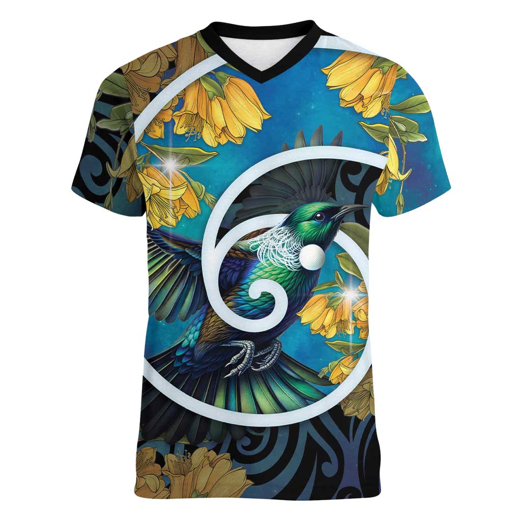 New Zealand Tui Bird Women V-Neck T-Shirt Maori Koru With Kowhai Flowers LT05 Female Black - Polynesian Pride