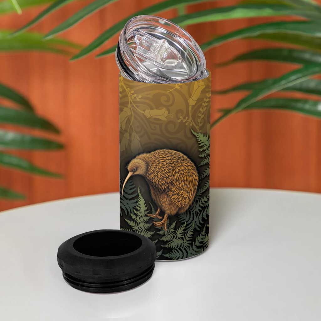 New Zealand Kiwi Bird 4 in 1 Can Cooler Tumbler Silver Fern Mix Maori Pattern