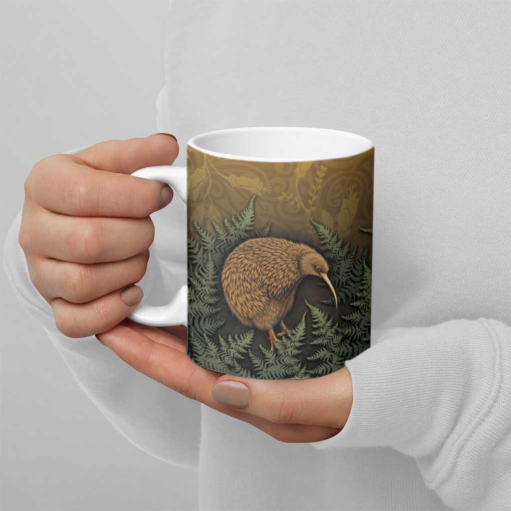 New Zealand Kiwi Bird Ceramic Mug Silver Fern Mix Maori Pattern