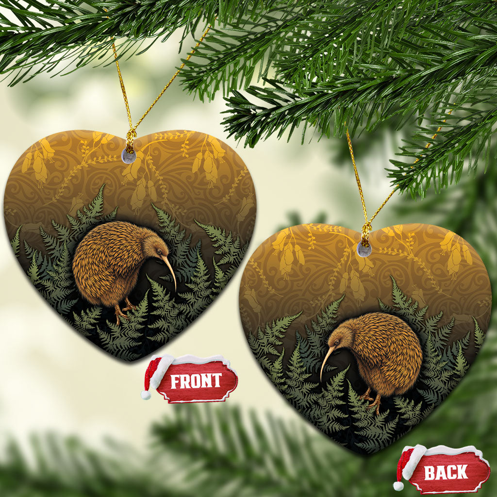 New Zealand Kiwi Bird Ceramic Ornament Silver Fern Mix Maori Pattern LT05 Heart Brown - Polynesian Pride