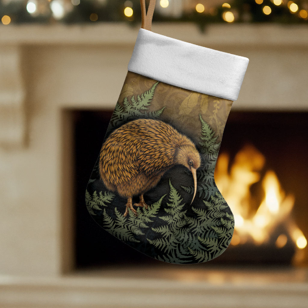 New Zealand Kiwi Bird Christmas Stocking Silver Fern Mix Maori Pattern LT05 Set of 2 Brown - Polynesian Pride