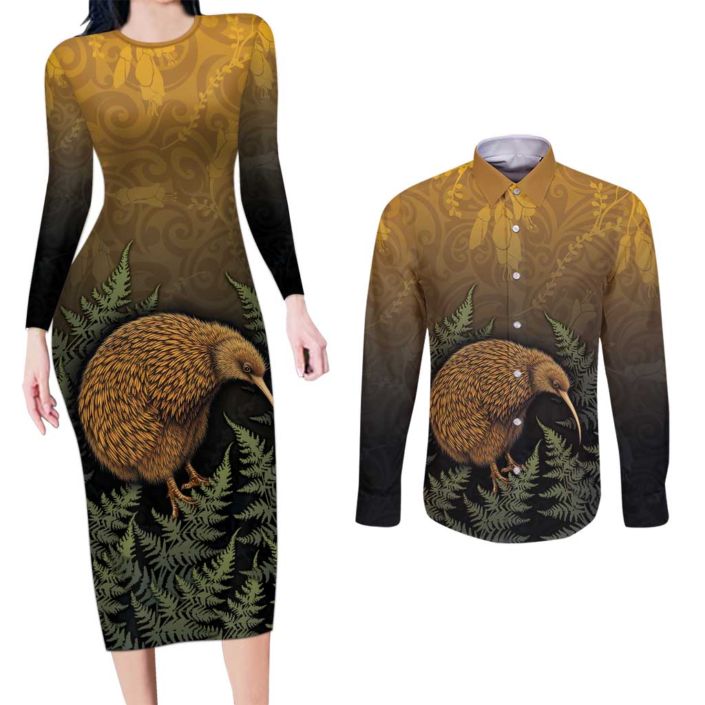 New Zealand Kiwi Bird Couples Matching Long Sleeve Bodycon Dress and Long Sleeve Button Shirt Silver Fern Mix Maori Pattern LT05 Brown - Polynesian Pride