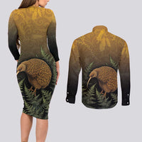 New Zealand Kiwi Bird Couples Matching Long Sleeve Bodycon Dress and Long Sleeve Button Shirt Silver Fern Mix Maori Pattern LT05 - Polynesian Pride