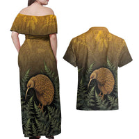 New Zealand Kiwi Bird Couples Matching Off Shoulder Maxi Dress and Hawaiian Shirt Silver Fern Mix Maori Pattern LT05 - Polynesian Pride