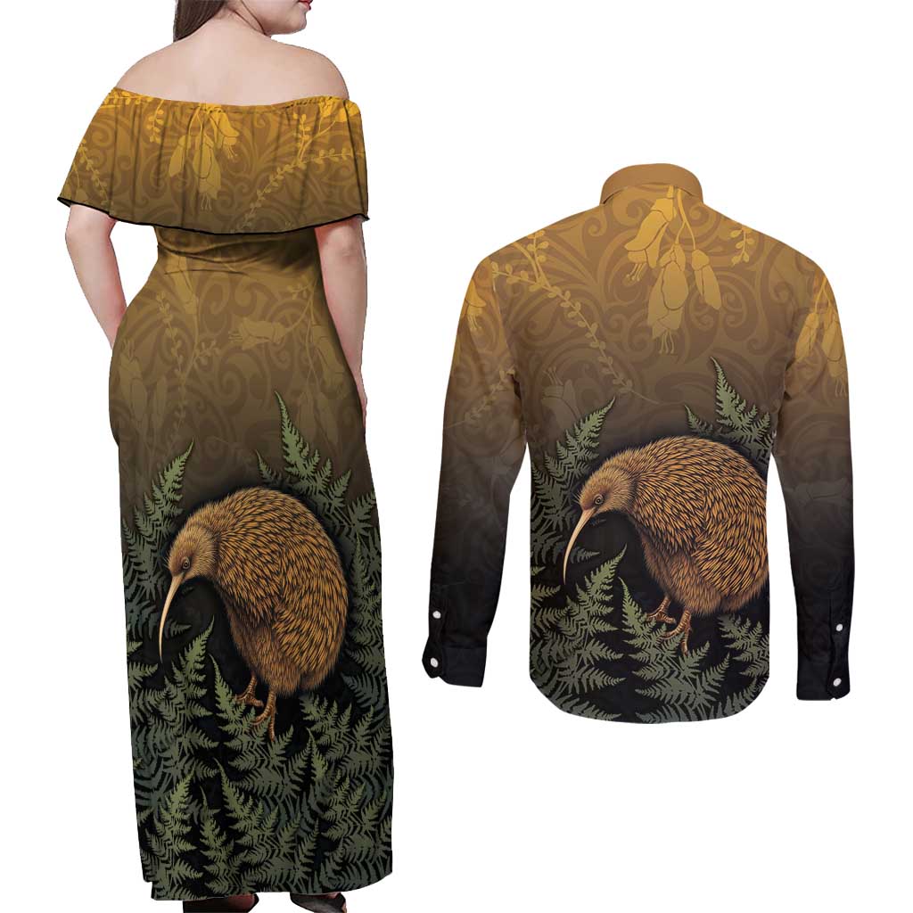 New Zealand Kiwi Bird Couples Matching Off Shoulder Maxi Dress and Long Sleeve Button Shirt Silver Fern Mix Maori Pattern