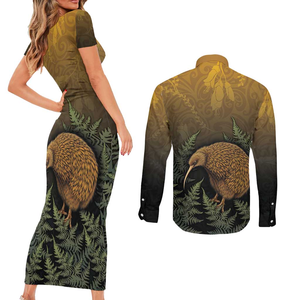 New Zealand Kiwi Bird Couples Matching Short Sleeve Bodycon Dress and Long Sleeve Button Shirt Silver Fern Mix Maori Pattern LT05 - Polynesian Pride