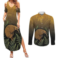 New Zealand Kiwi Bird Couples Matching Summer Maxi Dress and Long Sleeve Button Shirt Silver Fern Mix Maori Pattern