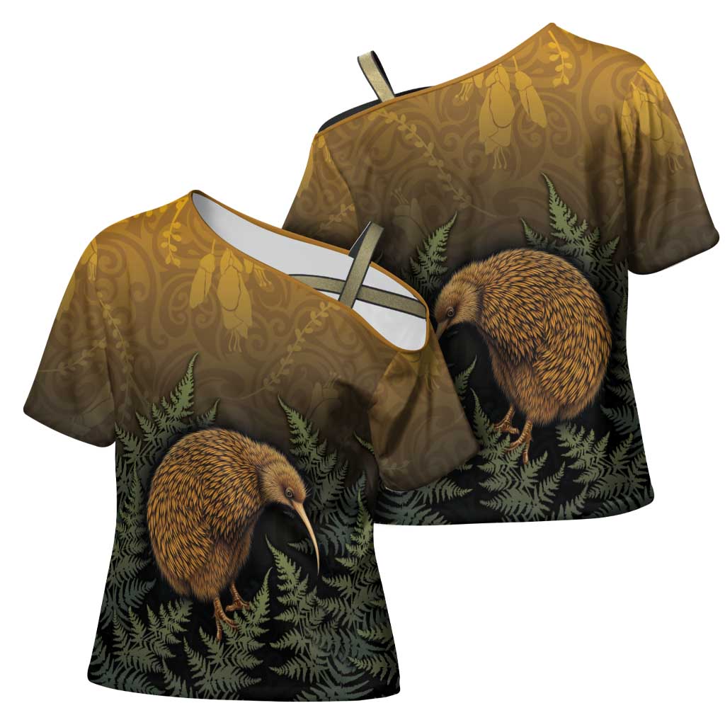 New Zealand Kiwi Bird Cross Shoulder Shirt Silver Fern Mix Maori Pattern