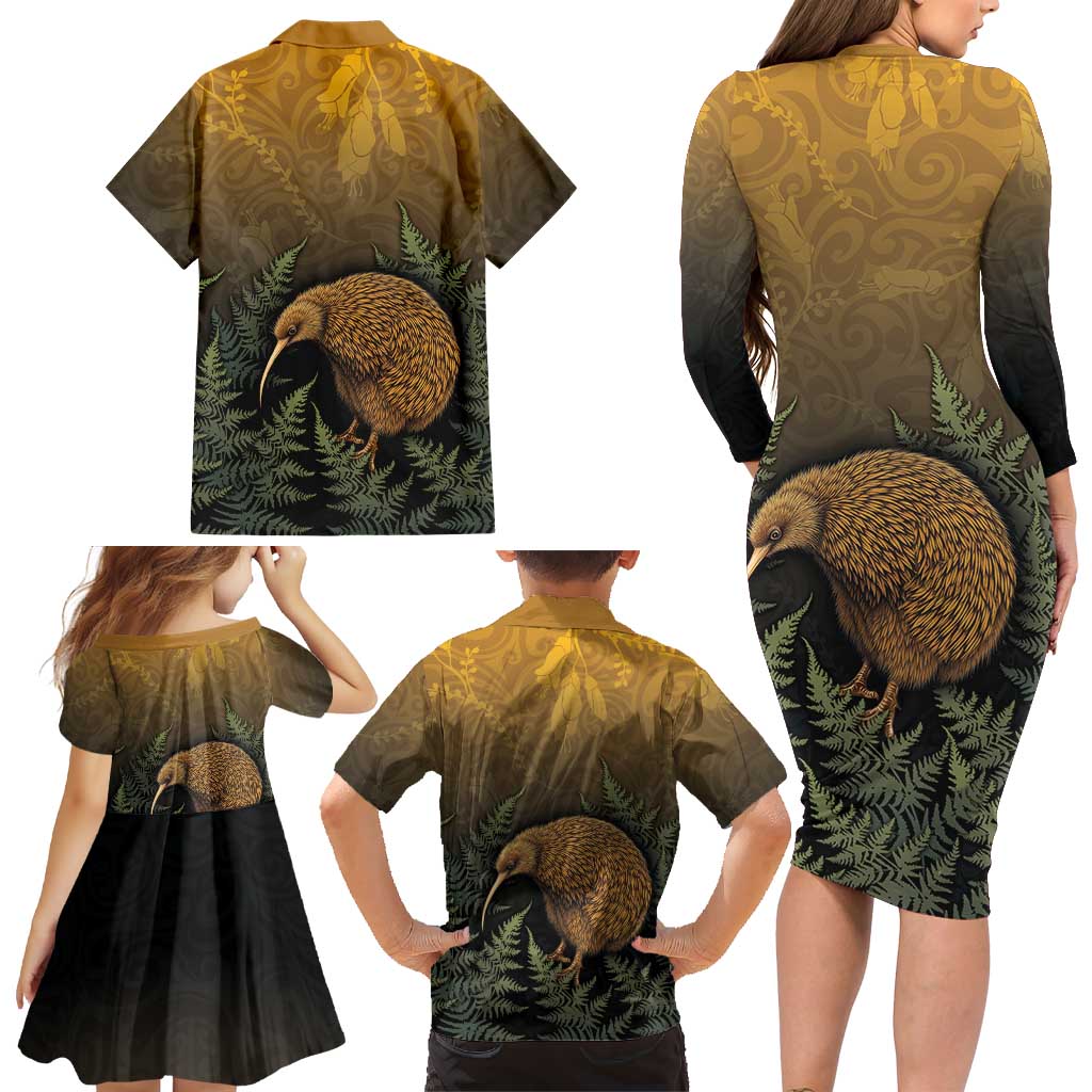 New Zealand Kiwi Bird Family Matching Long Sleeve Bodycon Dress and Hawaiian Shirt Silver Fern Mix Maori Pattern LT05 - Polynesian Pride