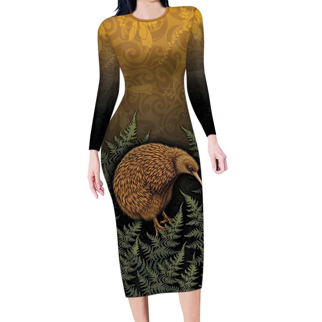 New Zealand Kiwi Bird Family Matching Long Sleeve Bodycon Dress and Hawaiian Shirt Silver Fern Mix Maori Pattern LT05 Mom's Dress Brown - Polynesian Pride