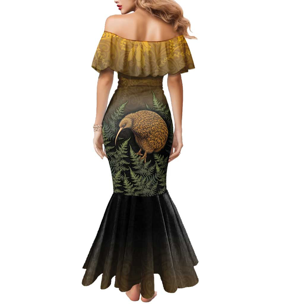 New Zealand Kiwi Bird Family Matching Mermaid Dress and Hawaiian Shirt Silver Fern Mix Maori Pattern LT05 - Polynesian Pride