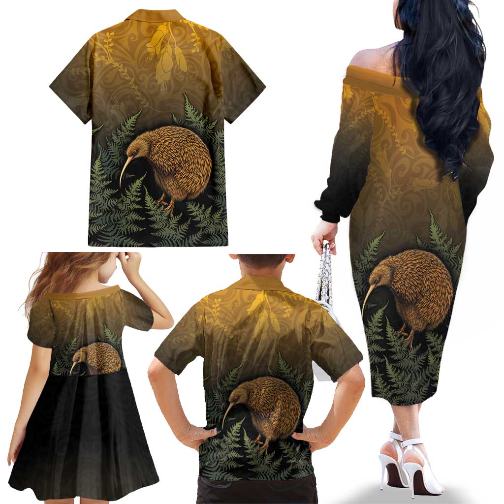 New Zealand Kiwi Bird Family Matching Off The Shoulder Long Sleeve Dress and Hawaiian Shirt Silver Fern Mix Maori Pattern LT05 - Polynesian Pride