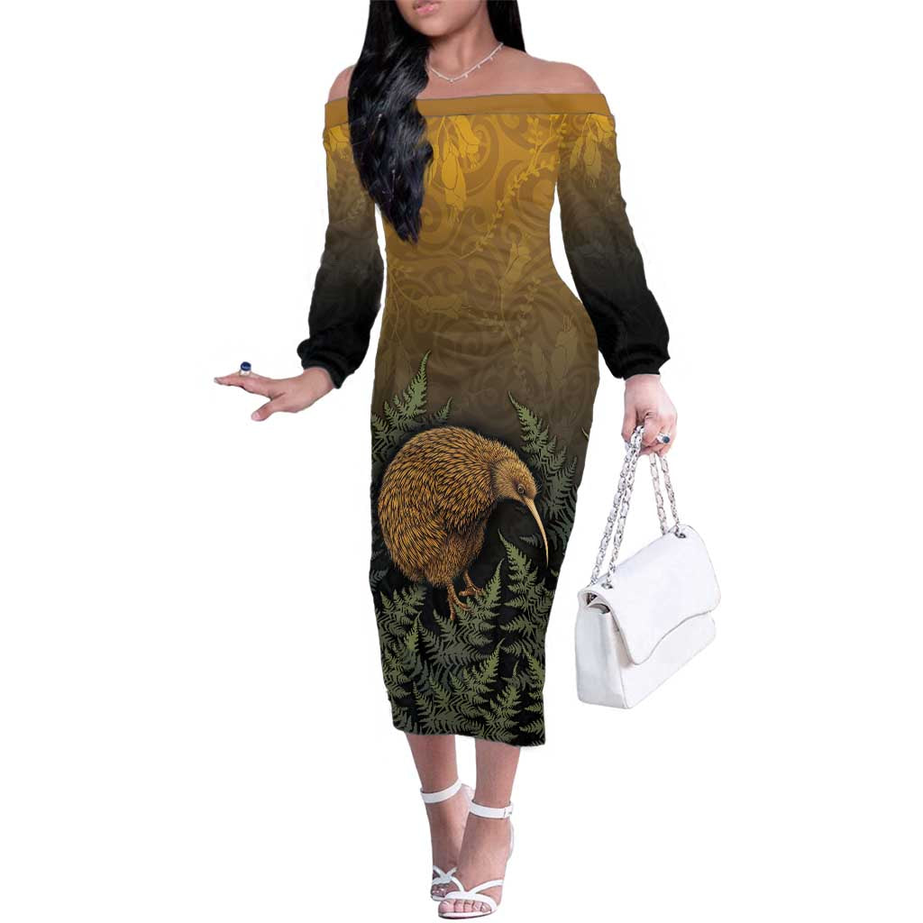 New Zealand Kiwi Bird Family Matching Off The Shoulder Long Sleeve Dress and Hawaiian Shirt Silver Fern Mix Maori Pattern LT05 Mom's Dress Brown - Polynesian Pride