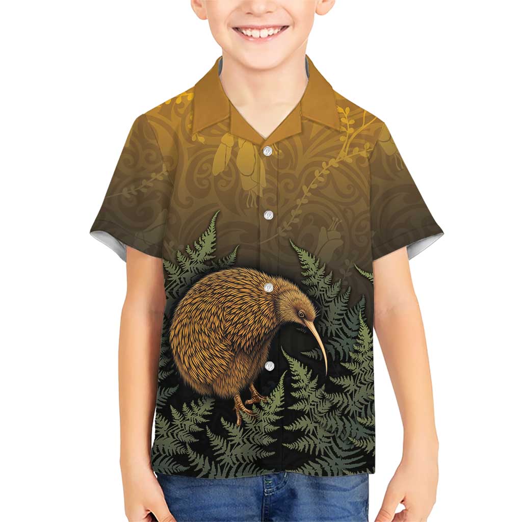 New Zealand Kiwi Bird Family Matching Off The Shoulder Long Sleeve Dress and Hawaiian Shirt Silver Fern Mix Maori Pattern LT05 Son's Shirt Brown - Polynesian Pride