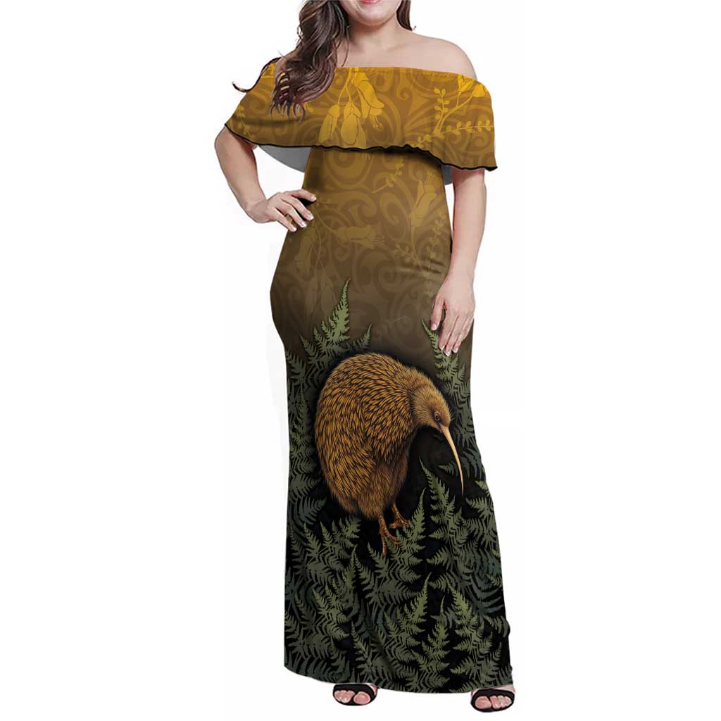 New Zealand Kiwi Bird Family Matching Off Shoulder Maxi Dress and Hawaiian Shirt Silver Fern Mix Maori Pattern LT05 Mom's Dress Brown - Polynesian Pride