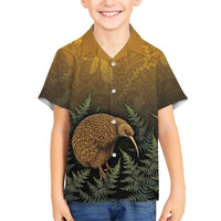 New Zealand Kiwi Bird Family Matching Off Shoulder Short Dress and Hawaiian Shirt Silver Fern Mix Maori Pattern LT05 Son's Shirt Brown - Polynesian Pride