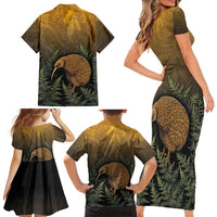 New Zealand Kiwi Bird Family Matching Short Sleeve Bodycon Dress and Hawaiian Shirt Silver Fern Mix Maori Pattern LT05 - Polynesian Pride