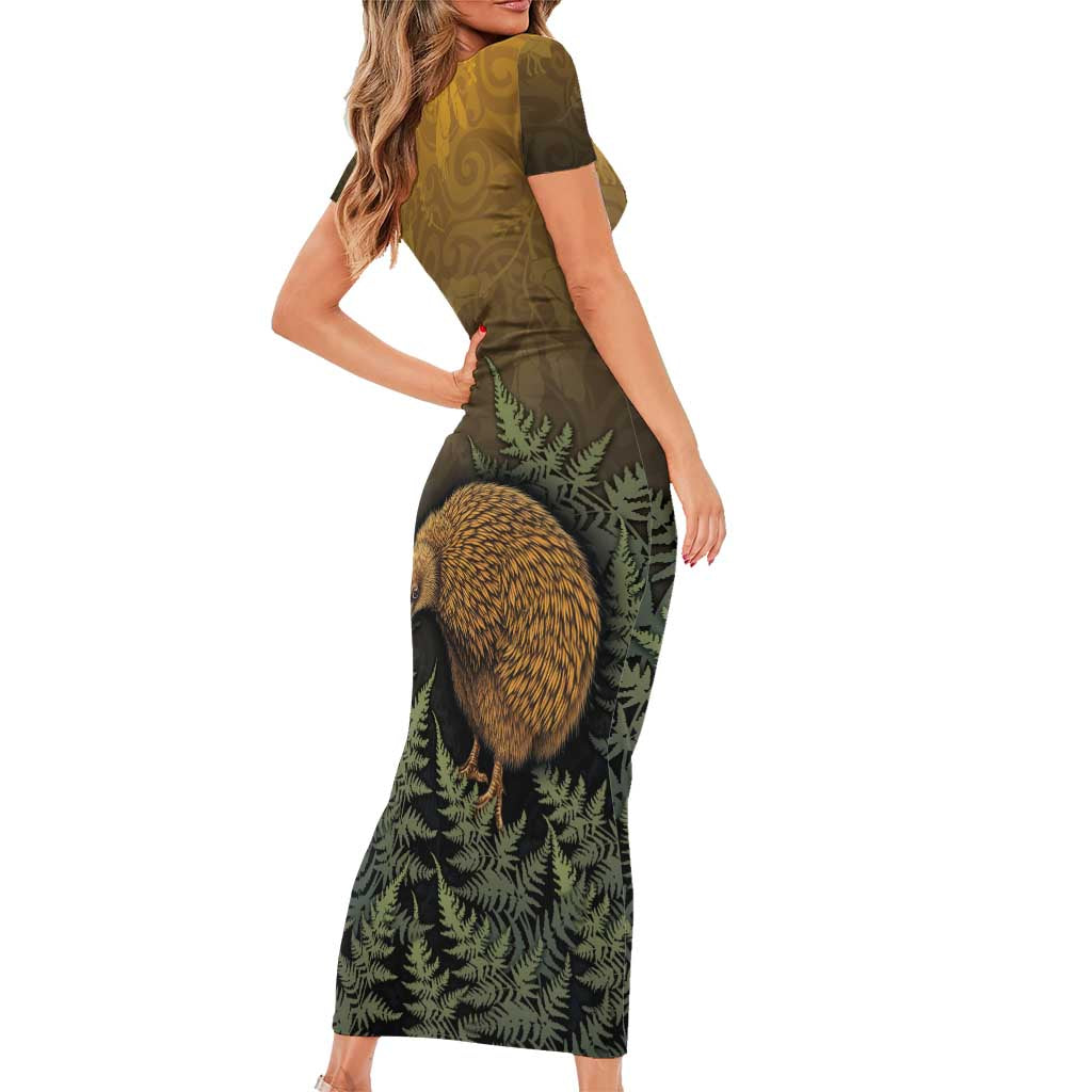 New Zealand Kiwi Bird Family Matching Short Sleeve Bodycon Dress and Hawaiian Shirt Silver Fern Mix Maori Pattern LT05 - Polynesian Pride