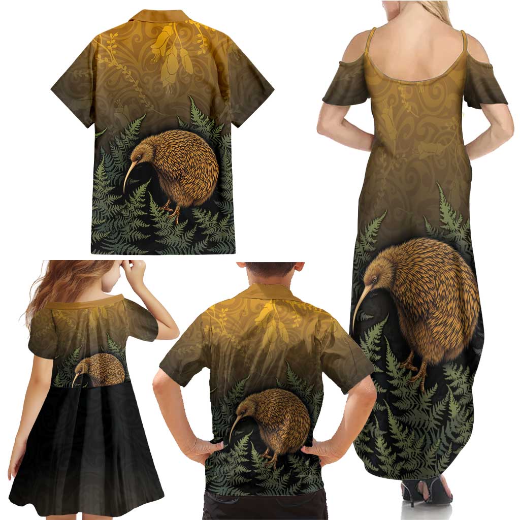 New Zealand Kiwi Bird Family Matching Summer Maxi Dress and Hawaiian Shirt Silver Fern Mix Maori Pattern LT05 - Polynesian Pride