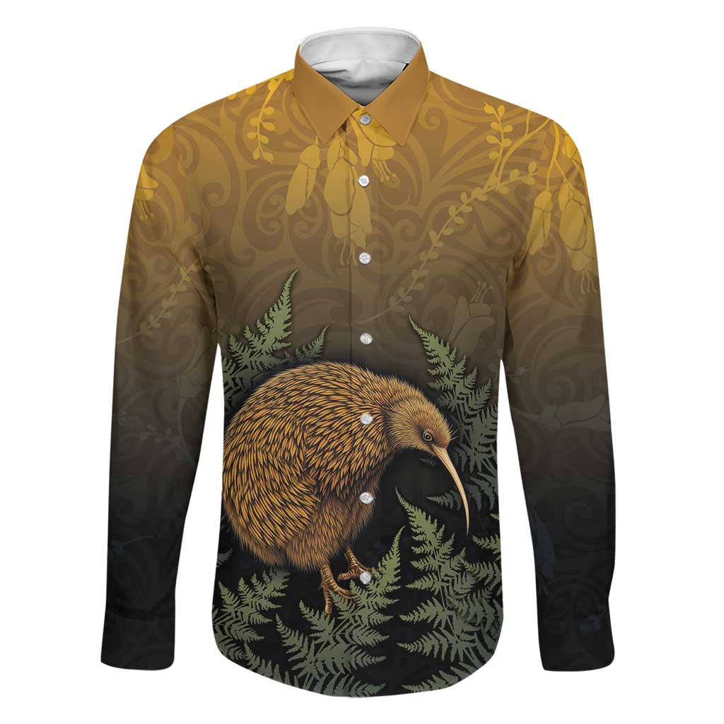 New Zealand Kiwi Bird Family Matching Summer Maxi Dress and Hawaiian Shirt Silver Fern Mix Maori Pattern LT05 Dad's Shirt - Long Sleeve Brown - Polynesian Pride