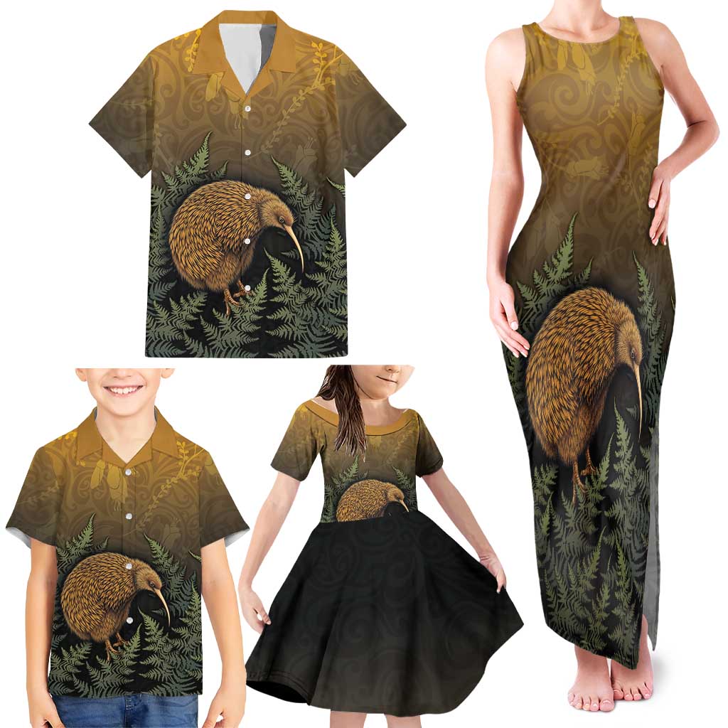 New Zealand Kiwi Bird Family Matching Tank Maxi Dress and Hawaiian Shirt Silver Fern Mix Maori Pattern