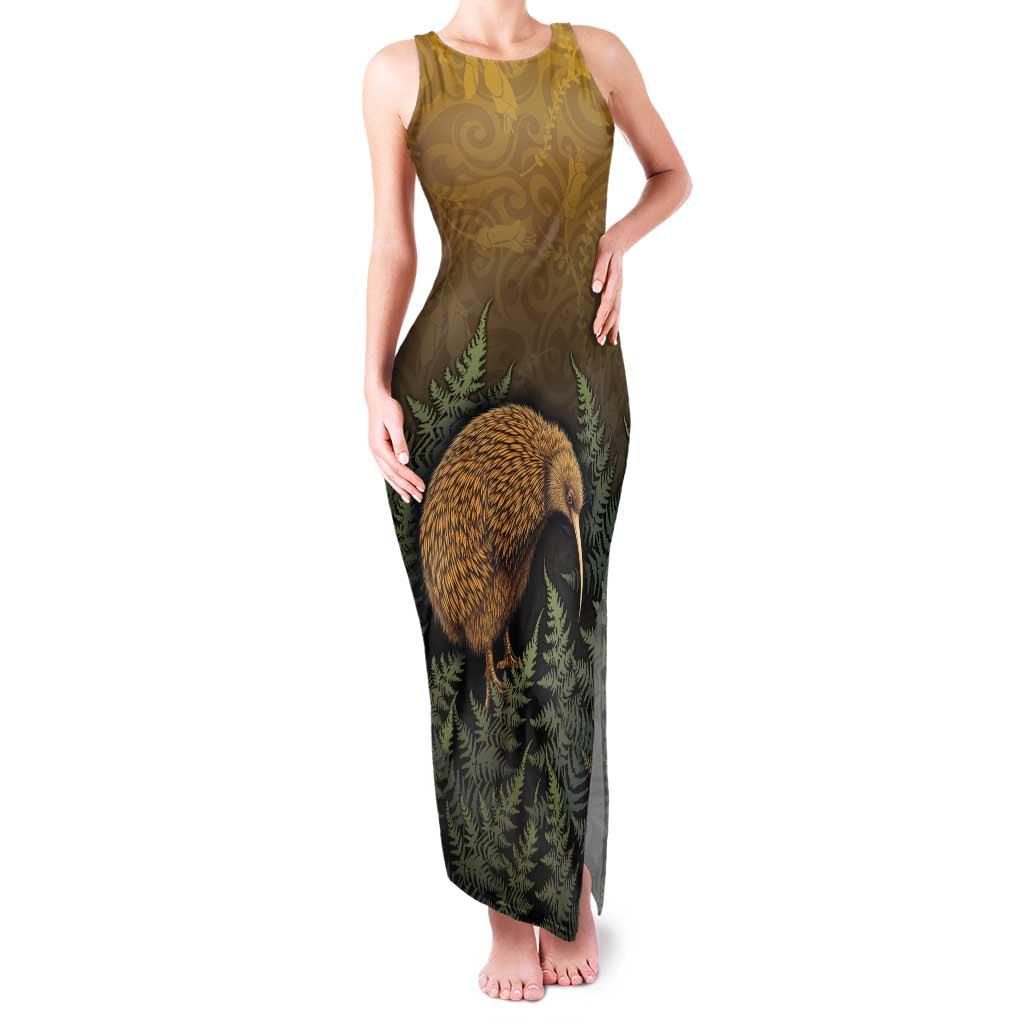 New Zealand Kiwi Bird Family Matching Tank Maxi Dress and Hawaiian Shirt Silver Fern Mix Maori Pattern LT05 Mom's Dress Brown - Polynesian Pride