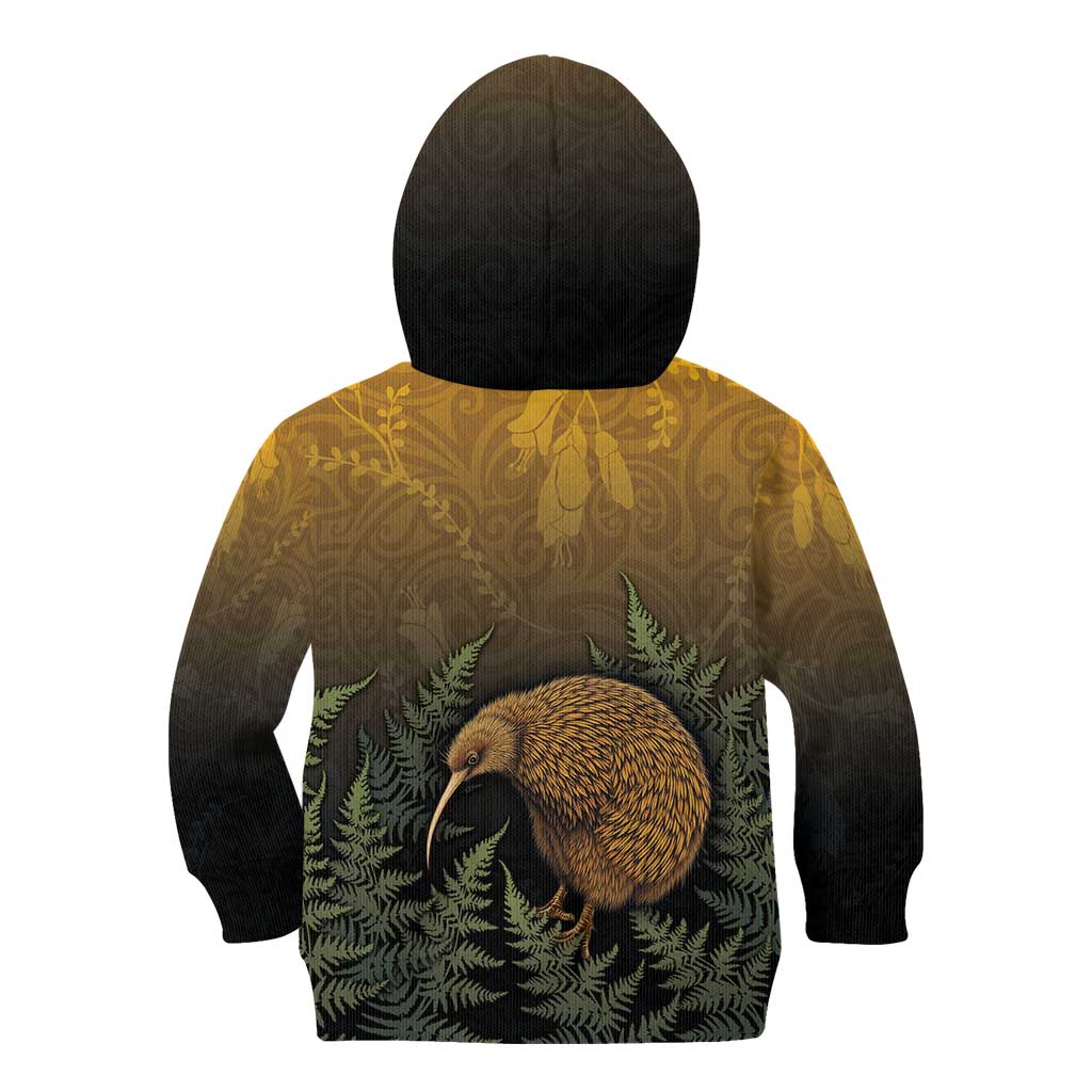New Zealand Kiwi Bird Kid Hoodie Silver Fern Mix Maori Pattern