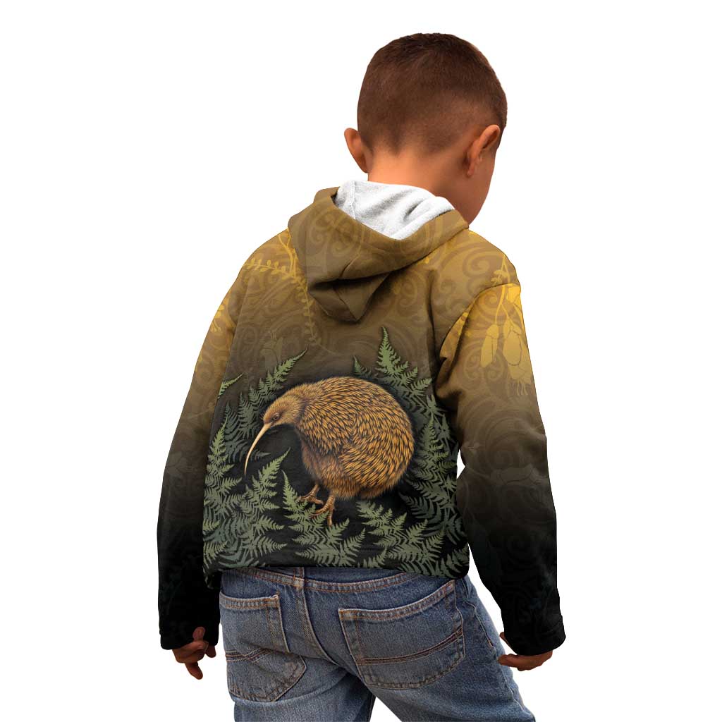 New Zealand Kiwi Bird Kid Hoodie Silver Fern Mix Maori Pattern