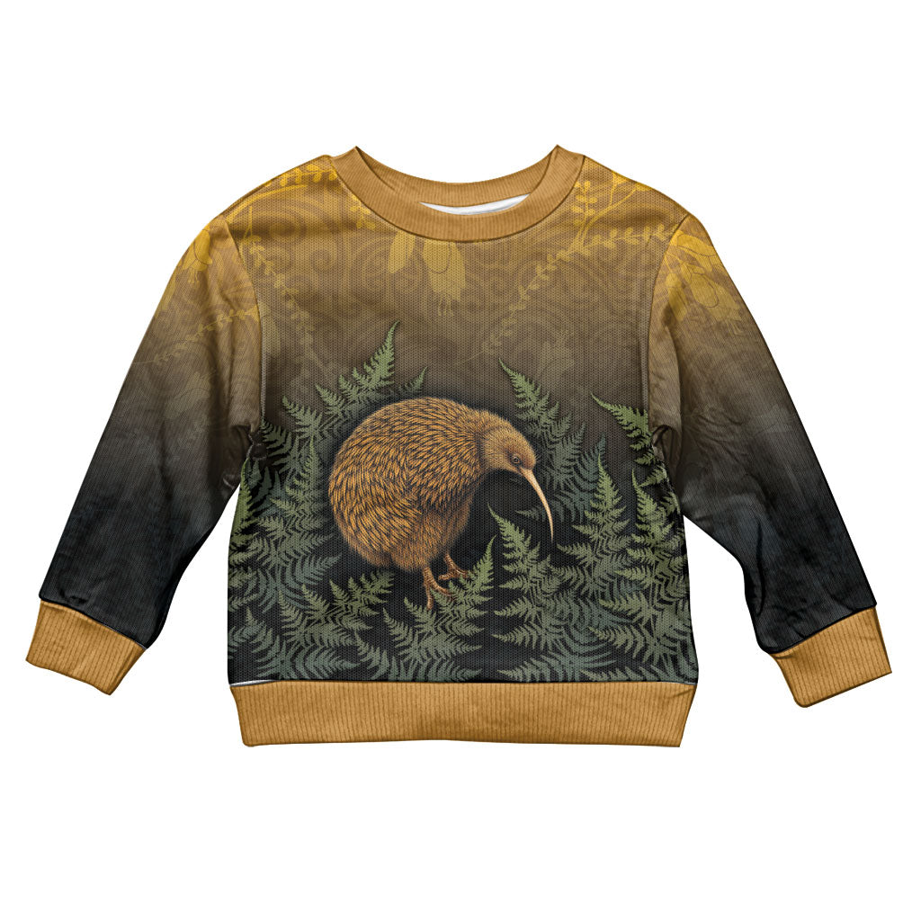 New Zealand Kiwi Bird Kid Ugly Christmas Sweater Silver Fern Mix Maori Pattern LT05 Kid Brown - Polynesian Pride