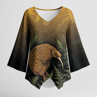 New Zealand Kiwi Bird Kimono Sleeve Blouse Silver Fern Mix Maori Pattern