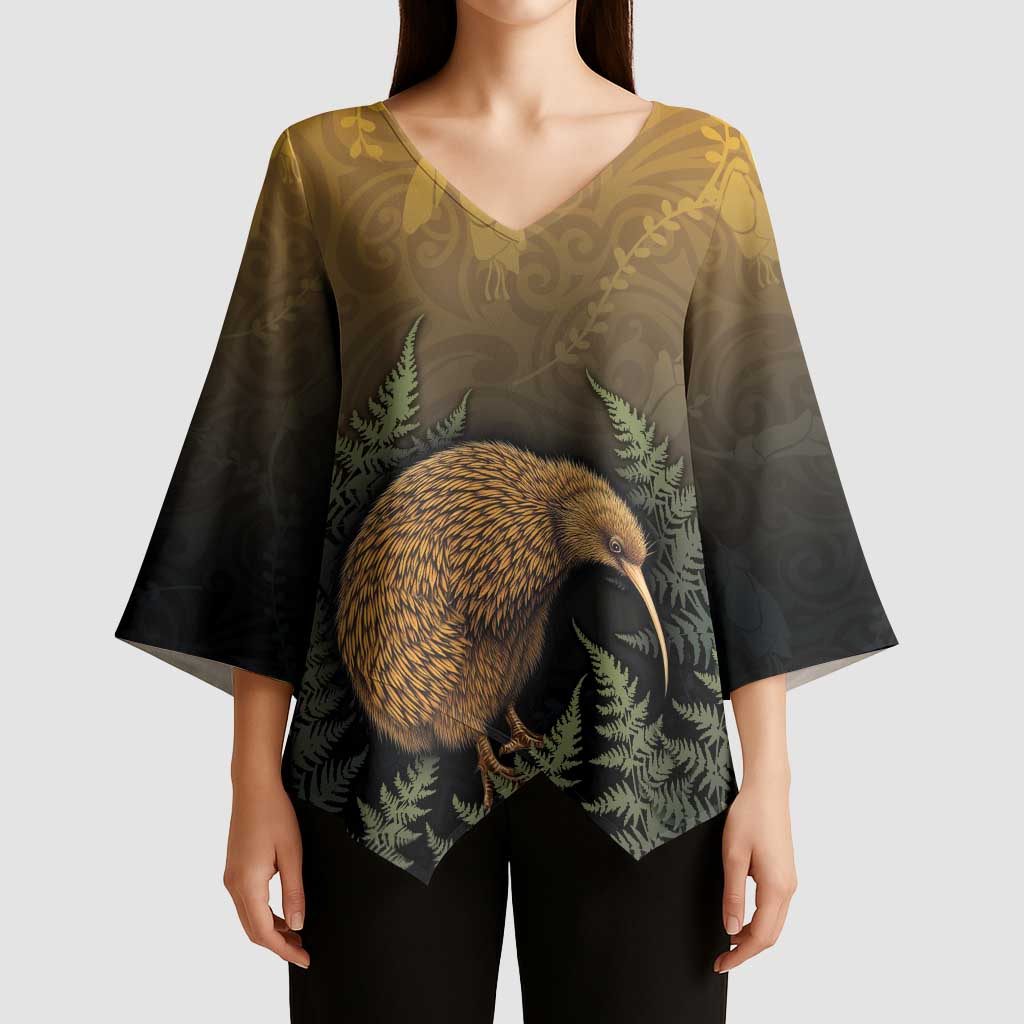 New Zealand Kiwi Bird Kimono Sleeve Blouse Silver Fern Mix Maori Pattern