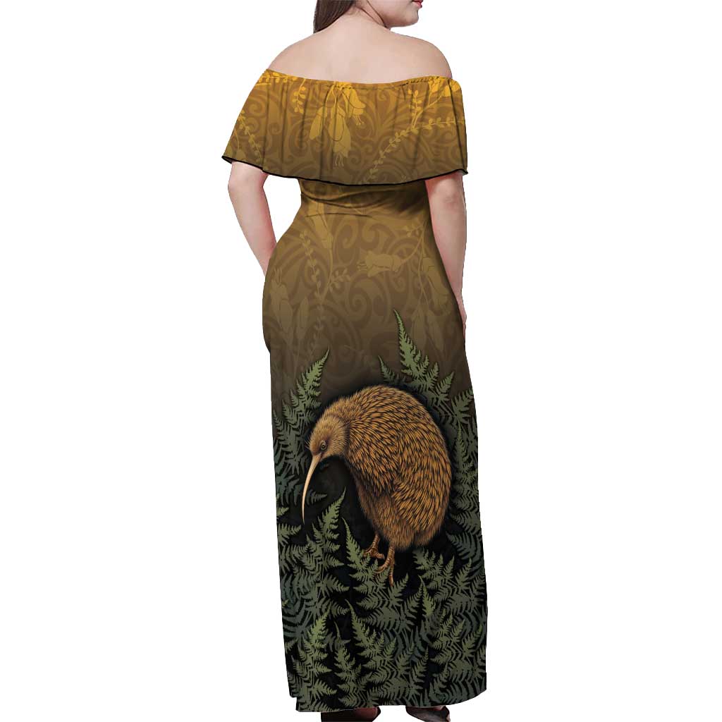 New Zealand Kiwi Bird Off Shoulder Maxi Dress Silver Fern Mix Maori Pattern