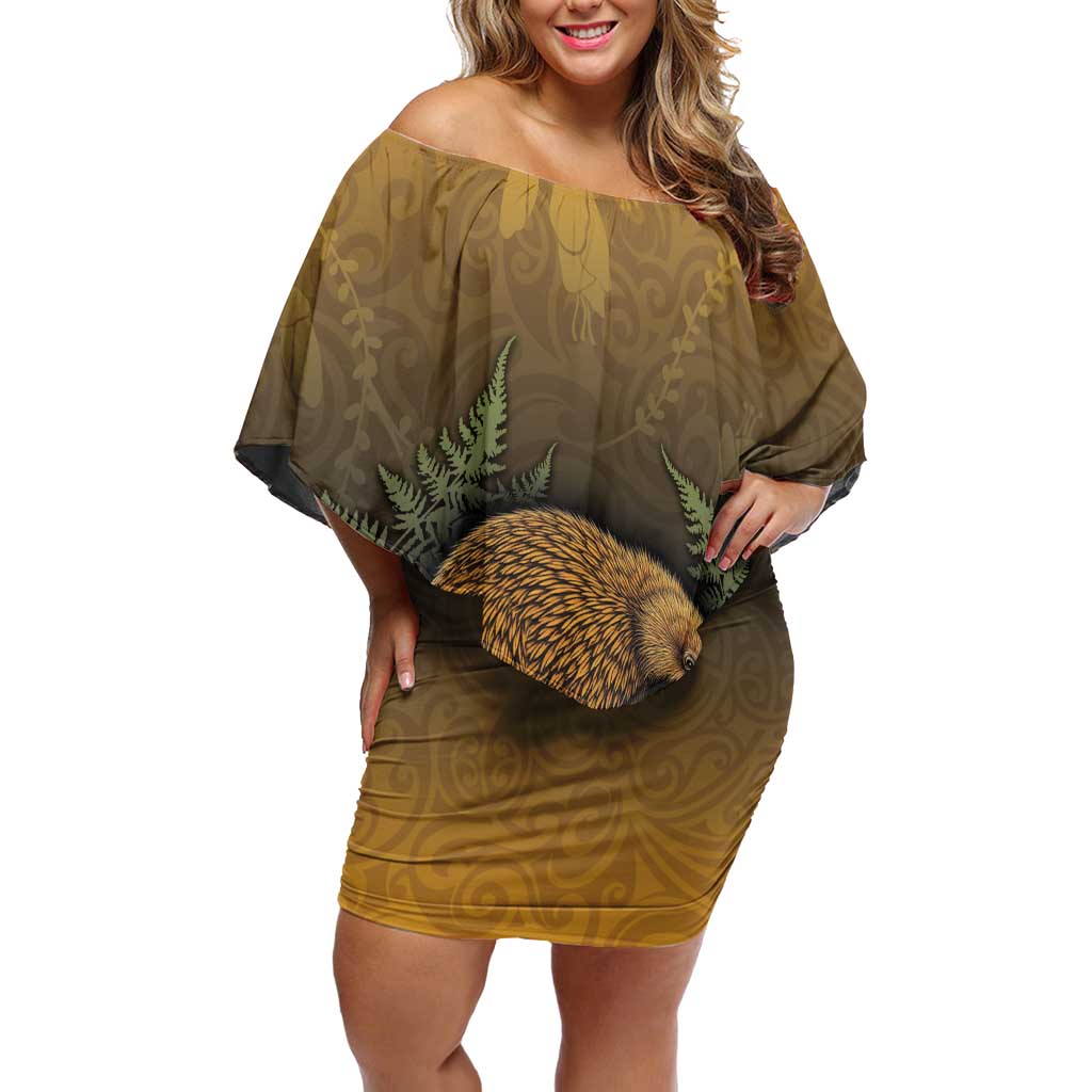 New Zealand Kiwi Bird Off Shoulder Short Dress Silver Fern Mix Maori Pattern
