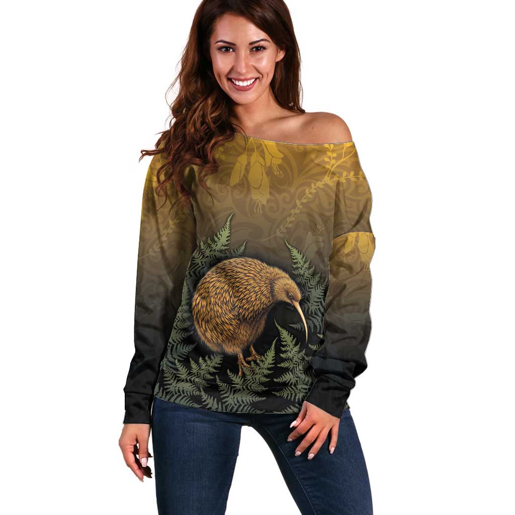 New Zealand Kiwi Bird Off Shoulder Sweater Silver Fern Mix Maori Pattern