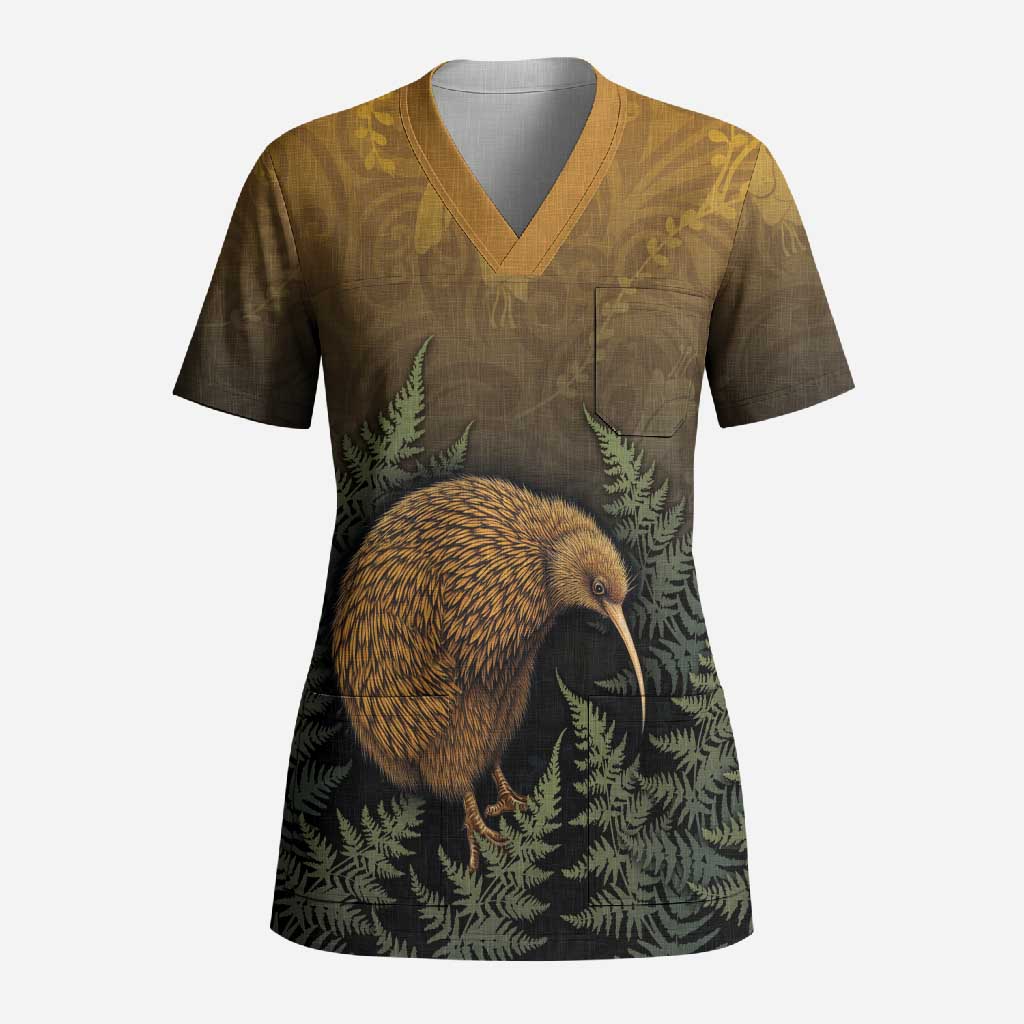 New Zealand Kiwi Bird Scrub Top Silver Fern Mix Maori Pattern