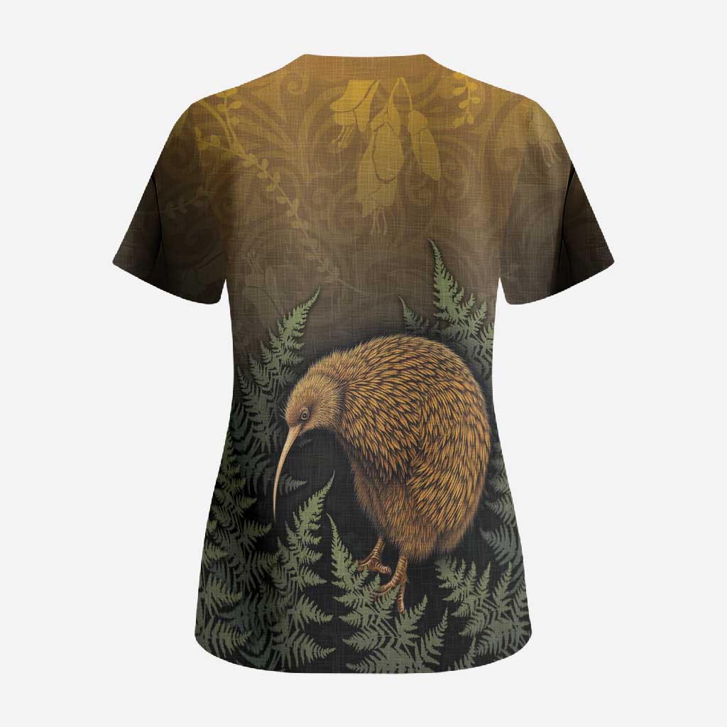 New Zealand Kiwi Bird Scrub Top Silver Fern Mix Maori Pattern