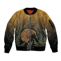 New Zealand Kiwi Bird Sleeve Zip Bomber Jacket Silver Fern Mix Maori Pattern