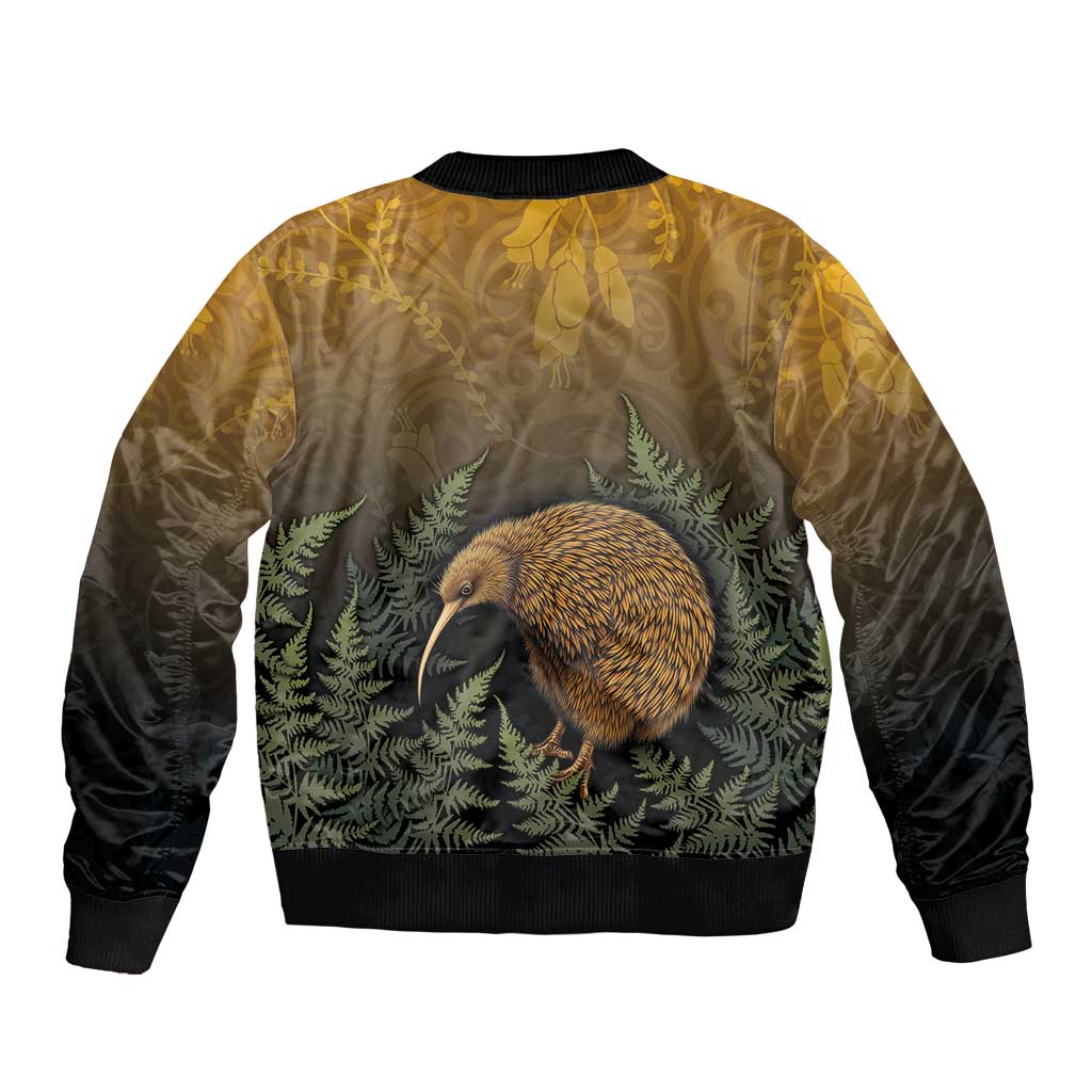 New Zealand Kiwi Bird Sleeve Zip Bomber Jacket Silver Fern Mix Maori Pattern