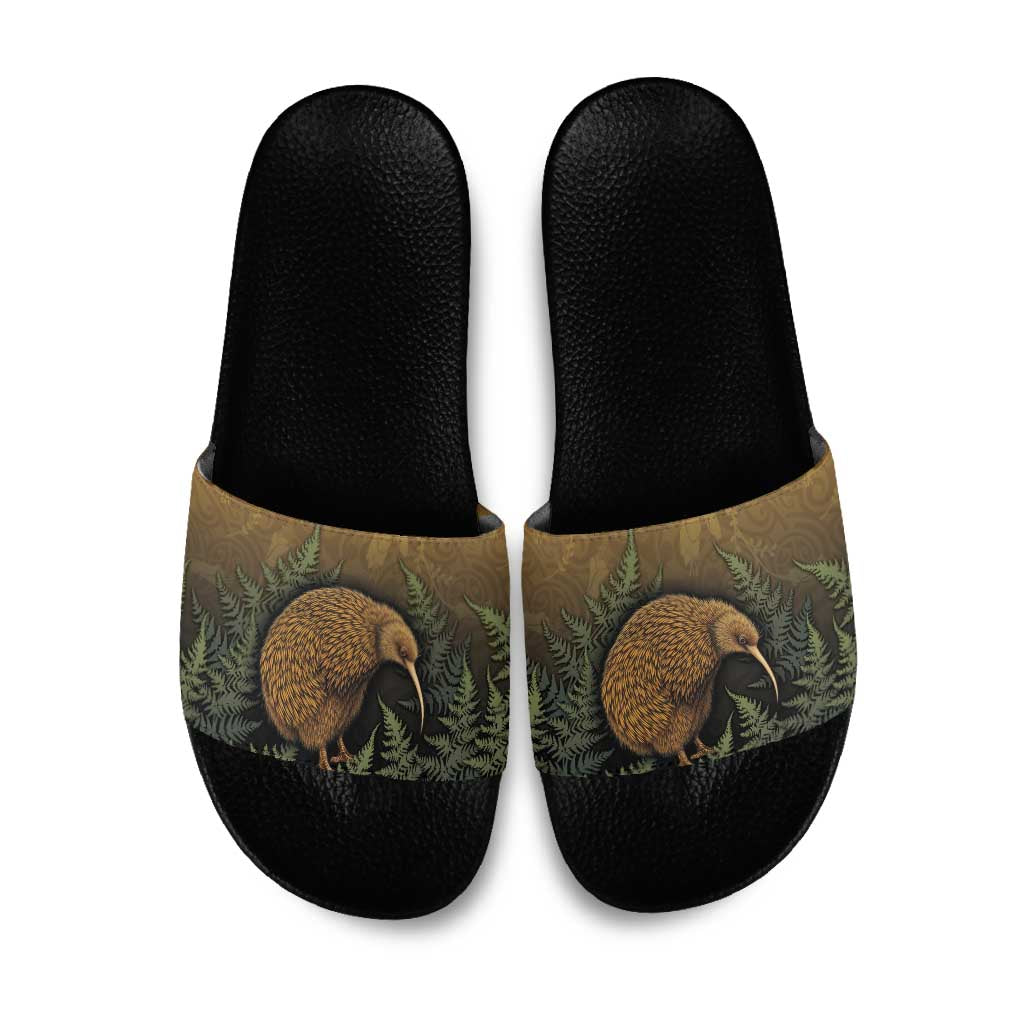 New Zealand Kiwi Bird Slide Sandals Silver Fern Mix Maori Pattern