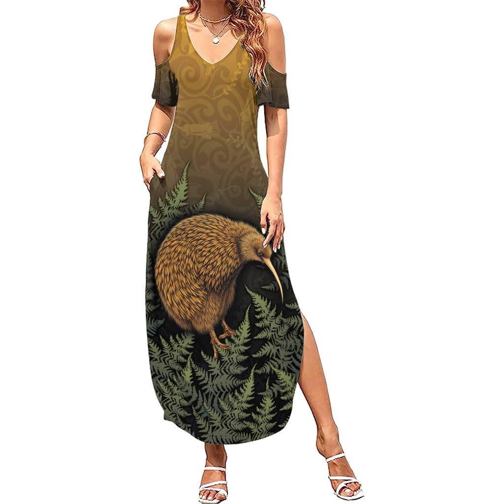 New Zealand Kiwi Bird Summer Maxi Dress Silver Fern Mix Maori Pattern